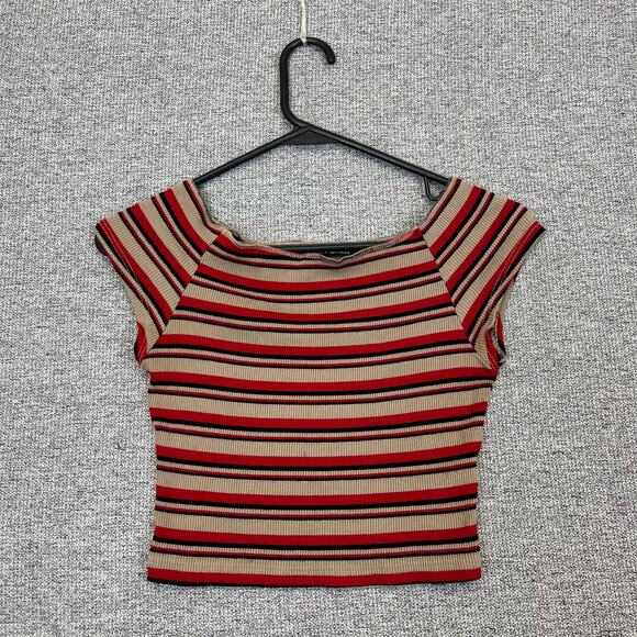 Brandy Melville Maroon Beige Black Striped Crop Top Off Shoulder Shirt Fits XS - Picture 1 of 7